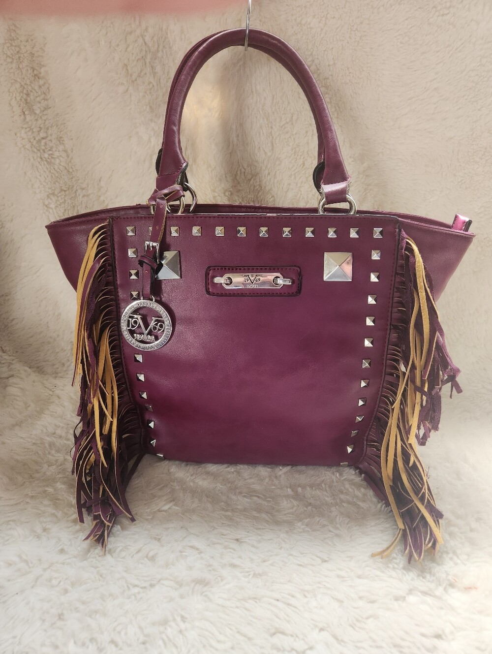 Versace 1969 Burgundy Studded Fringe Tote Bag Western Rodeo Festival McBling
